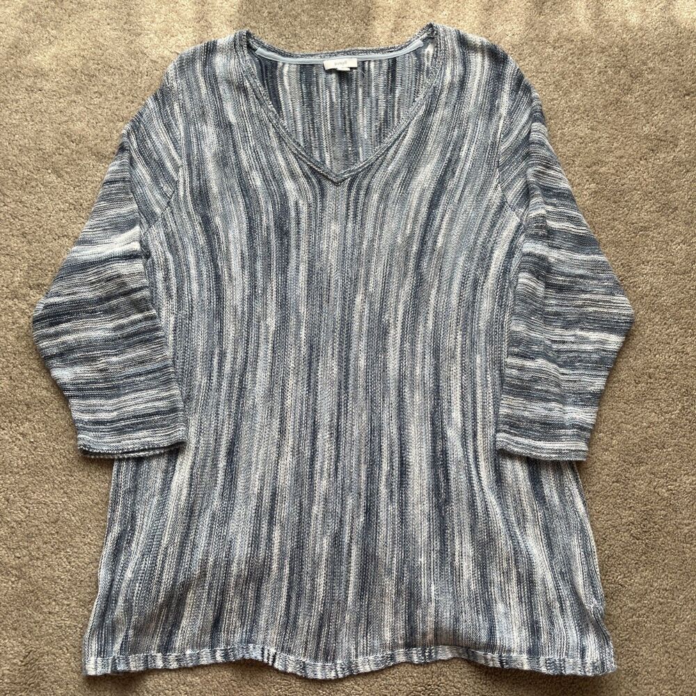 J Jill Pure Sweater Womens 2X Cotton Striped Blue V-neck Beach Coastal Light